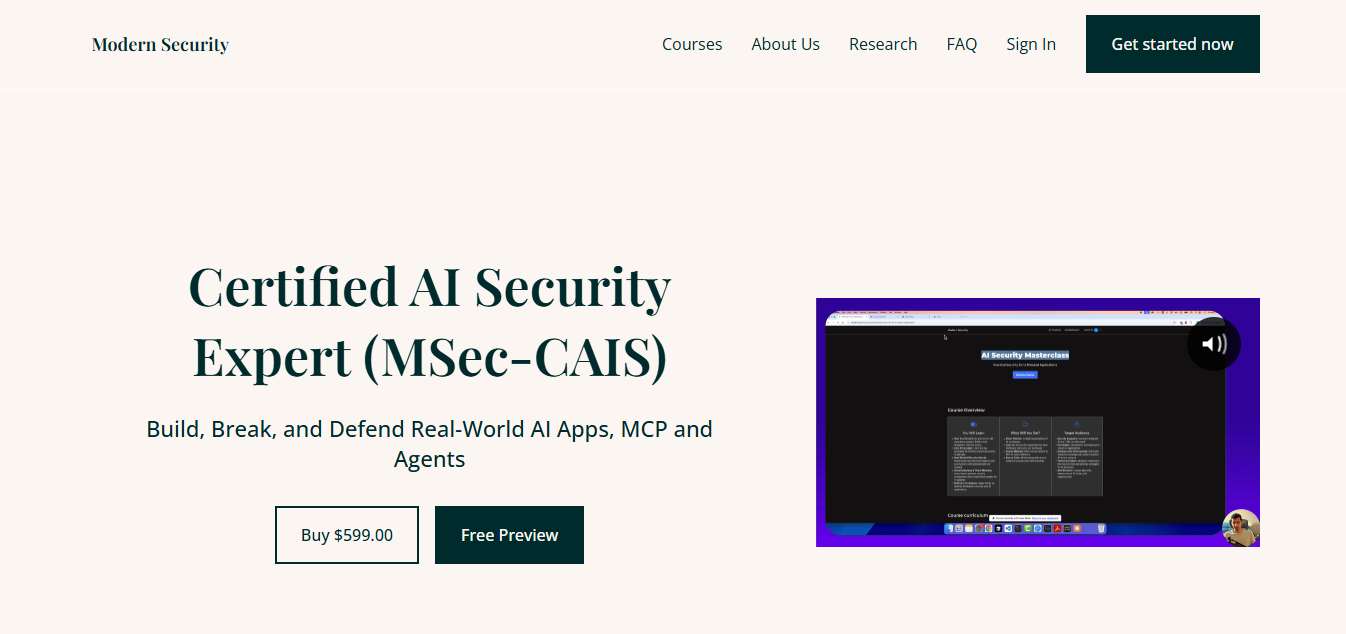 Modern Security AI Security Certification Course Page Screen Shot
