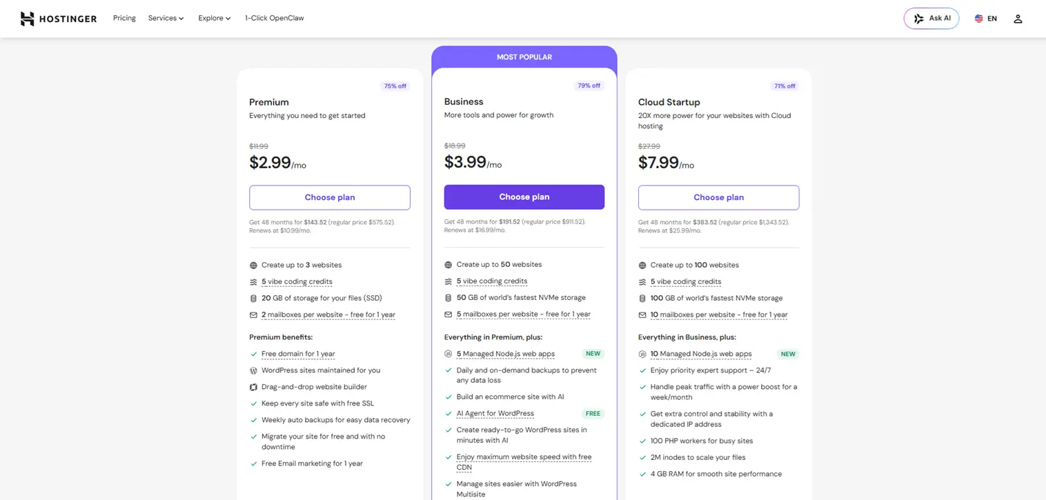 Hostinger Web Hostinger Pricing Screen Shot
