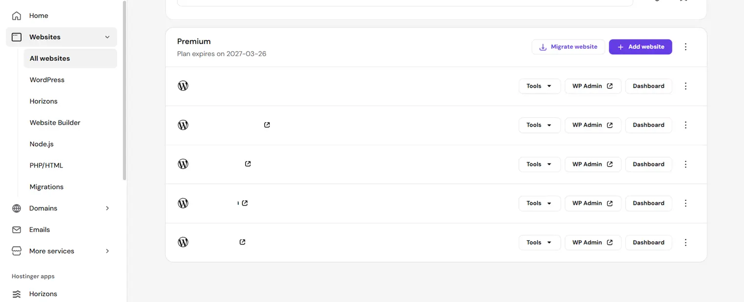 My Hostinger Hosting Screen Shot of websites I can handle
