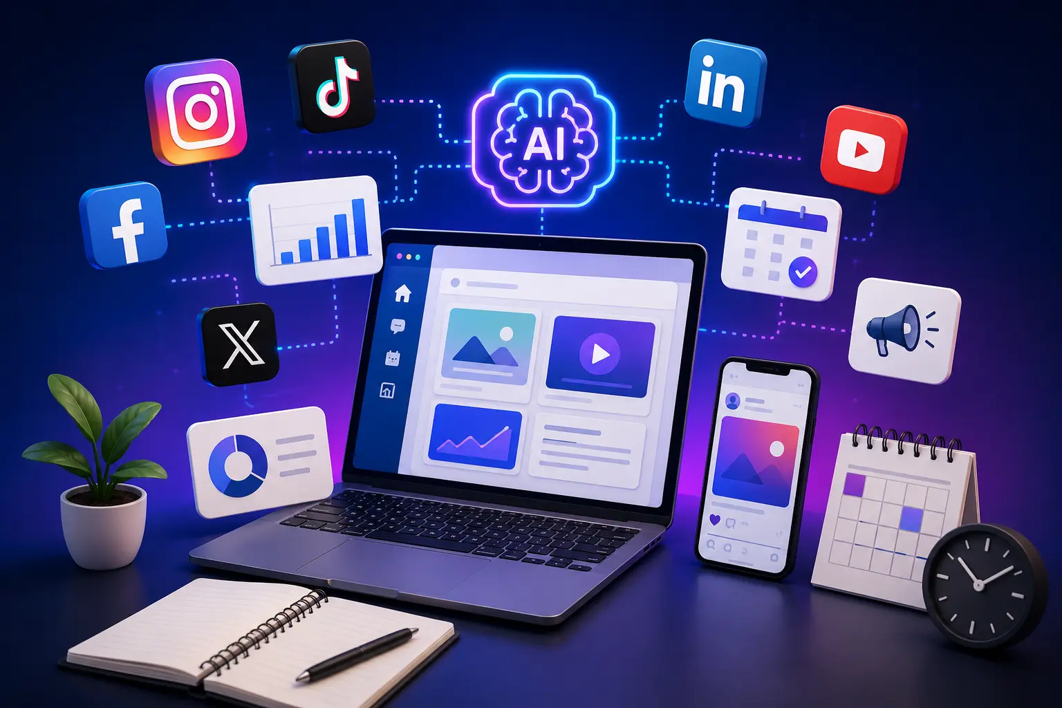 Dashboard showing AI social media tools for content creation, video generation, scheduling, analytics, and marketing automation.