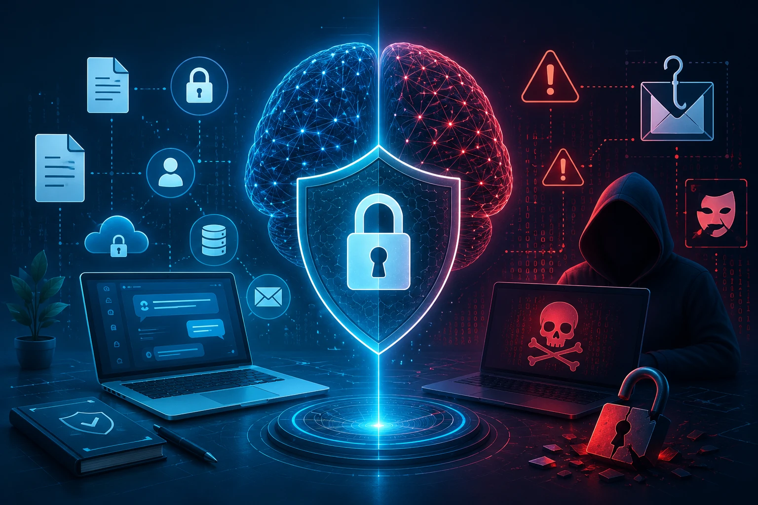 Illustration showing generative AI security risks with a shield protecting AI systems from data leakage, prompt injection, phishing, malware, and cyber threats.